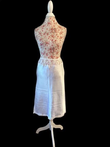 Vintage White Slippery Satin Slip Skirt Sheer Floral Lace Waist Sexy Shiny