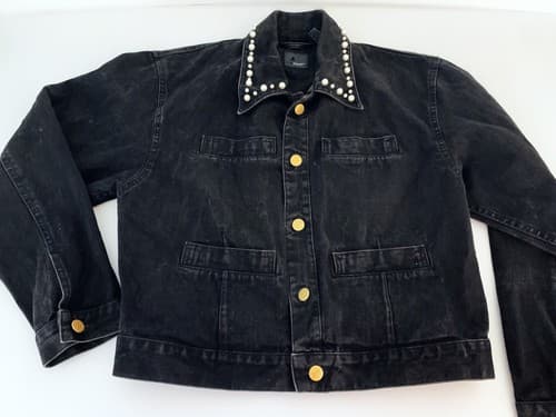 Vintage Liz Claiborne Jacket Black Denim Jean With Pearl Collar