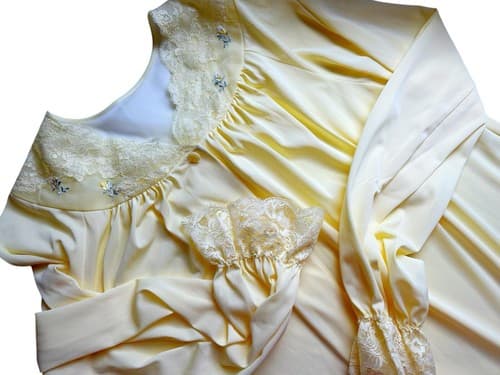 Vintage Yellow Shadowline Long Robe Sheer Chiffon Accents Embroidered Roses S