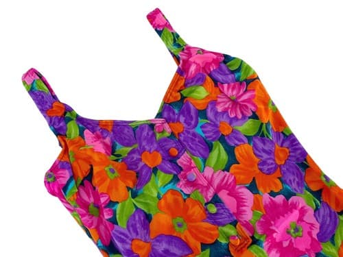 Vintage Swimsuit Retro Pink Orange Purple Floral Print One Piece Scoop Back M/L