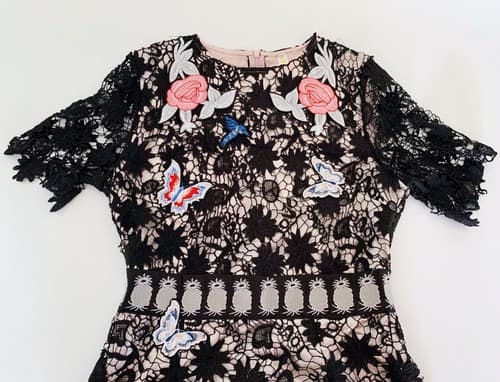 Boutique Crochet Dress Pink Satin Lace Overlay Butterfly Rose Bird Appliqué S