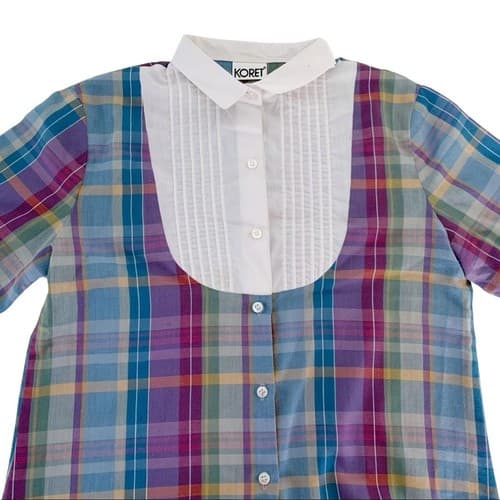 Vintage Women’s Plaid Blouse Collegiate Pin Tucked Bib Front Boho Bohemian Fall