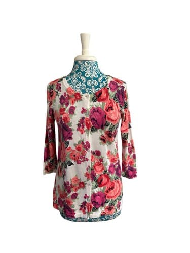 Vintage Laura Scott Floral Pink & Aqua Roses Cardigan Sweater Cottagecore Shabby