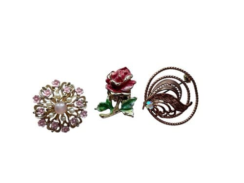 Vintage Brooch Lot Of 3 Pink Daisy Pearl Rose Gold Art Deco Jewelry Pin Rosette