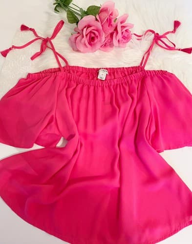 J Crew Top Size 10 Pink Tassel Tie Off The Shoulder Candy Pink Shirt Blouse