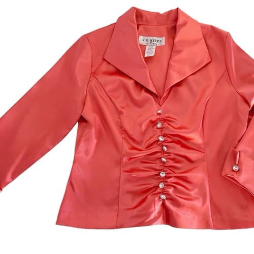 Vintage Womens Blouse Flared French Cuffs Rhinestone Buttons Coral Peach Satin 8