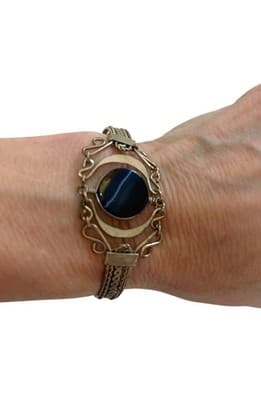 Cabachon Scarab Bangle Bracelet Silver Tone Blue Stone Antique Bohemian Ornate