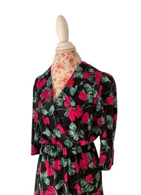 Vintage 1980’s Dress Romantic Floral Roses Puffed Sleeve Elegant Glam Pink Black
