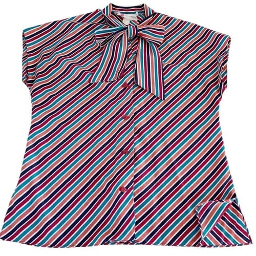 Vintage 1970’s 1980’s Fall Blouse Tie Neck Bow Rust Teal Stripes Collegiate Top