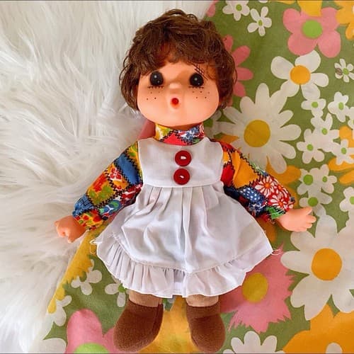Sekiguchi Thumb Sucking Big Eye 10 inch doll 1970’s Mod Toy Patchwork Dress