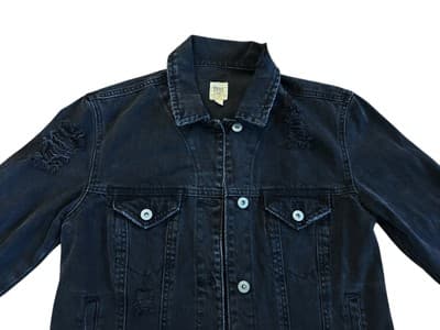 TRUE CRAFT Black Denim Distressed Jean Jacket Small Stretch Grunge Cotton