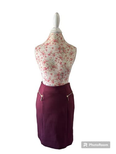 Michael Kors Wine Burgundy Knit Pencil Skirt 6 Career Stretchy Gold Zipper Logos