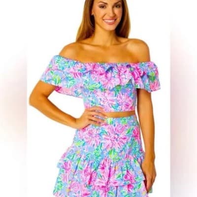 Lilly Pulitzer Mayslie Ruffle Top Mini Skirt Set 6 Blue Peri Sunrise Women’s