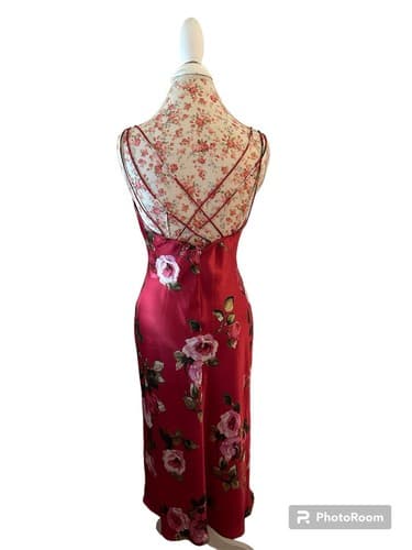 Vintage Slip Dress Lingerie Red & Pink Shiny Criss Cross Back Slippery Satin Y2K