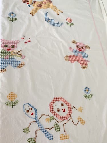 Vintage Baby Bedding Cross Stitch Kawaii Kitsch Hey Diddle Diddle Nursery Rhyme