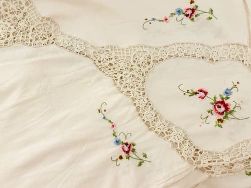 Vintage Large Cream Embroidered Tablecloth Topper Pink Aqua Floral Crochet 64 82