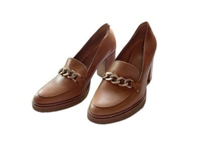 Y2K 9.5 BROWN CHUNKY HEEL LEATHER LOAFER SHOE HEELS GOLD CHAIN PRAIRIE PEASANT