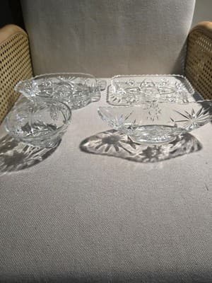 Vintage 4 piece Clear Pressed Glass Starburst Pattern Bowl and Tray Set