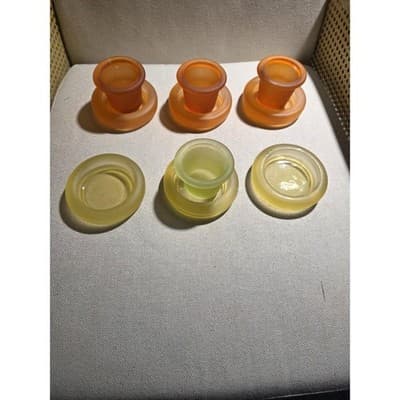 Set of 6 Frosted Glass Candle Holders w/ Inserts & Bases, Orange & Yellow