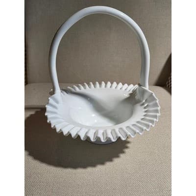 Vintage Fenton Milk Glass Hobnail Ruffled Basket 9.75 in wide 10.5 in tall