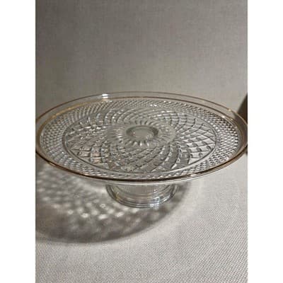Vintage Anchor Hocking Wexford 12" Cake Stand Gold Trim WITH BOX