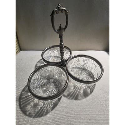 Vintage 3 Tier Clear Glass Relish Condiment Caddy Pinwheel Starburst Server