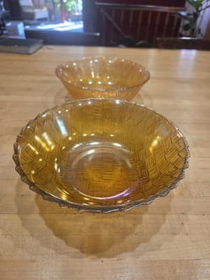 Vintage Indiana Glass Marigold Carnival Glass Basket Weave Nested Bowl Set of 2