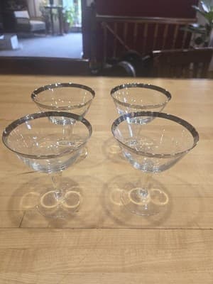 Vintage Platinum Rim Crystal Champagne Coupe Glasses Cocktail Stemware Set of 4