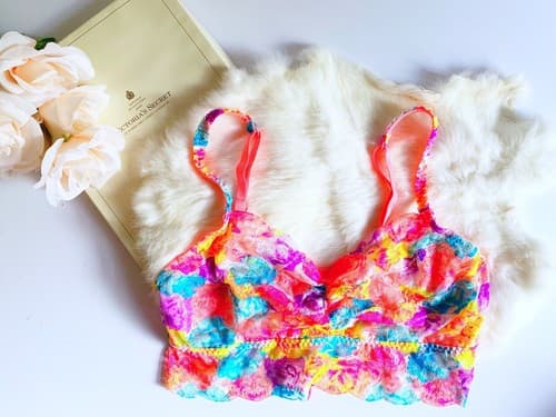 Victoria’s Secret Pink Bralette M Lace Bra Crop Top Lingerie Coral Rainbow Aqua