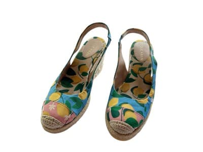 COLE HAAN Cloudfeel Espadrille Wedge Slingback Lemon Print Sz 7 Summer Spring