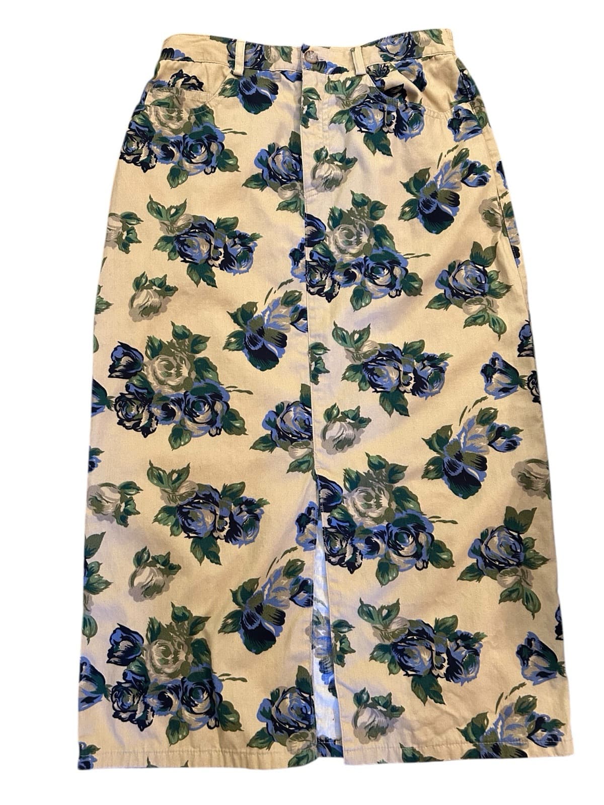 Vintage Long Cotton Floral Skirt Cottage Core Shabby Grunge Blue Roses Floral XS