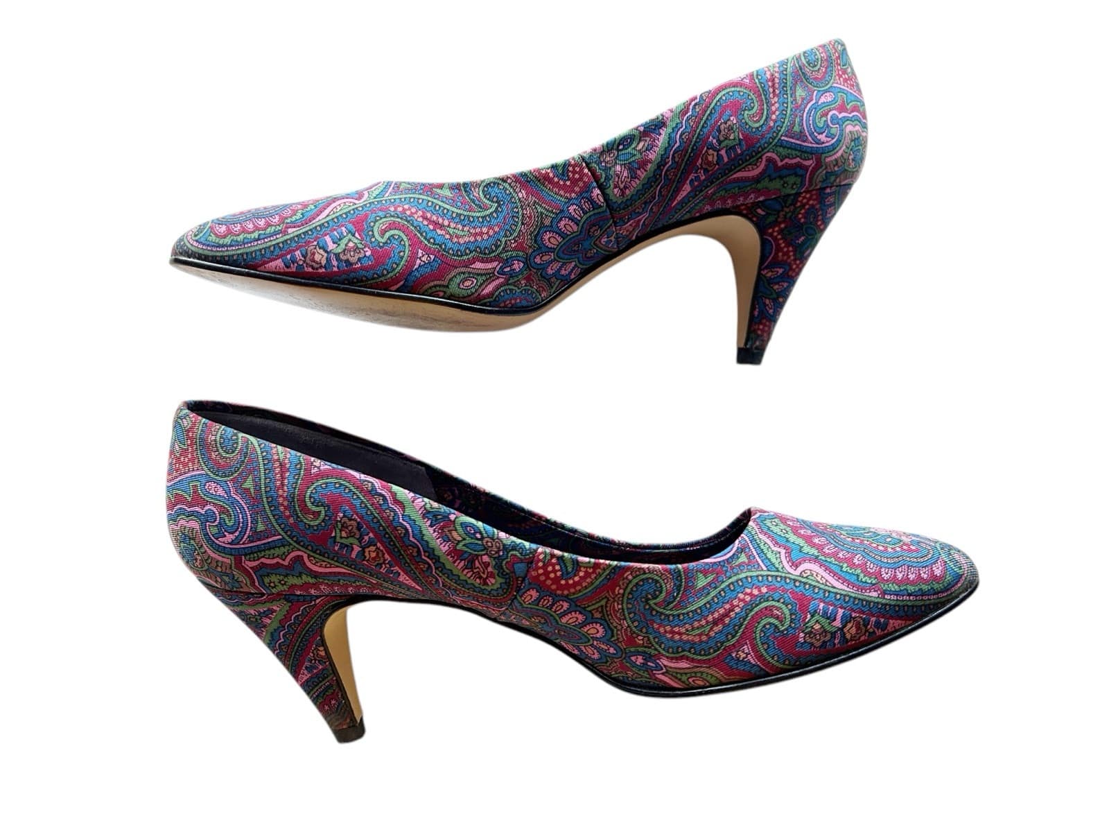 Vintage Women’s Fabric Cotton Shoes Rockabilly 7AA Pink Wine 1980’s Heels Teal