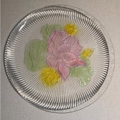 Vintage KIG Malaysia Glass Lotus Platter Water Lily Ribbed Tray 12.5 in