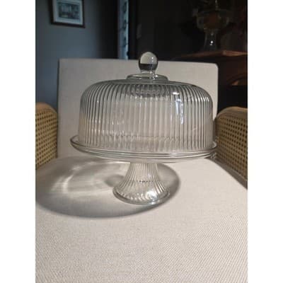 Vintage Anchor Hocking Monaco 2 in 1 Ribbed Glass Cake Stand Dome Punch Bowl Set