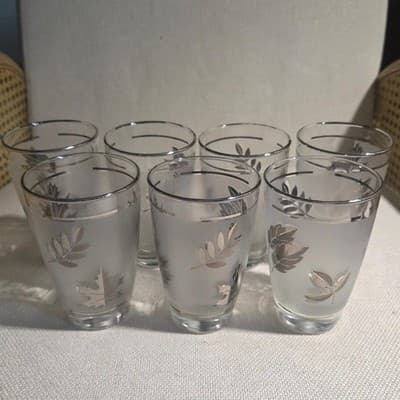 Vintage Libbey Silver Leaf Frosted Glass Tumblers Set of 7 MCM Barware 1950s