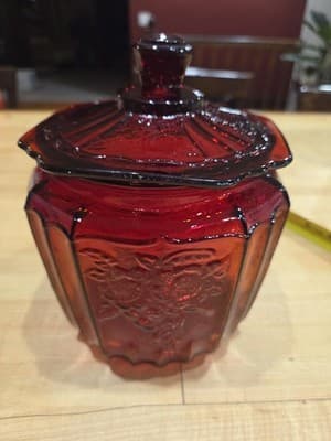 Vintage Amberina Ruby Red Glass Mayfair Open Rose Biscuit Jar Lid 7" UV Glow