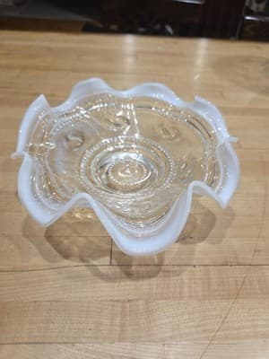 Antique Jefferson Northwood Astro Clear Opalescent Ruffled Footed Bowl 9"