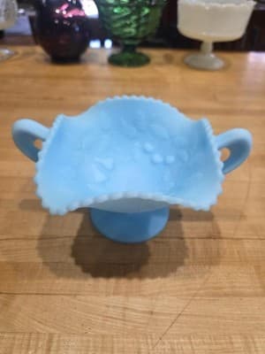 Vintage Fenton Blue Satin Glass Double Handled Bon Bon Dish Bowl Sticker 1970s