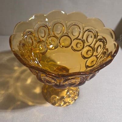 Vintage LE Smith Amber Glass Moon and Stars Flared Pedestal Compote Bowl 7.5"