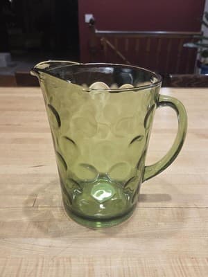 Vintage Hazel Atlas Eldorado Green Glass Pitcher Coin Dot MCM 56 oz Ice Lip