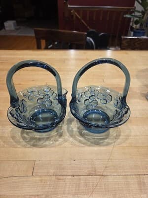Indiana Glass Blue Pressed Floral Baskets Pair Vintage 1960s