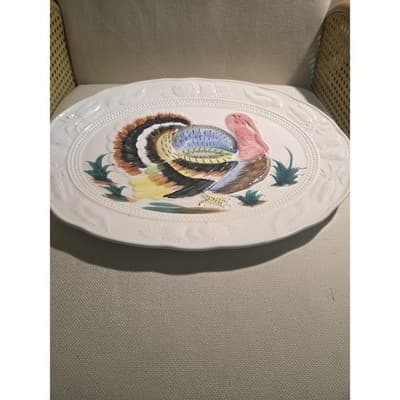 Vintage Thanksgiving Turkey Platter Large 18" Ceramic Embossed Made in Japan