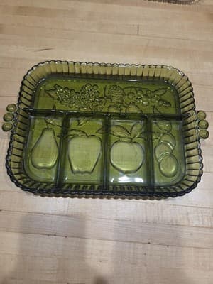 Pair of Vintage Indiana Glass Divided Relish Trays 12" Green and Clear