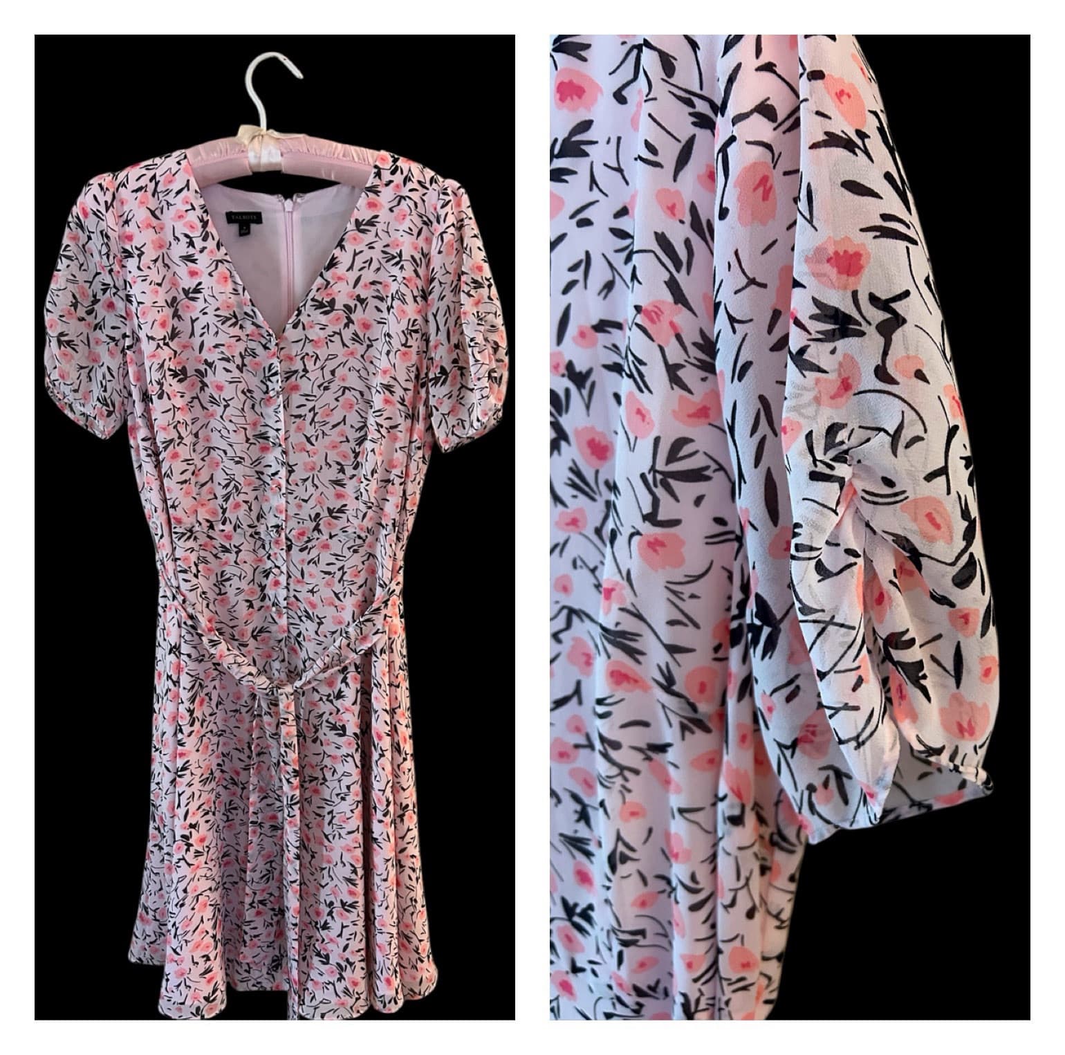 6 TALBOTS Pink Silk Belted Dress Gathered Sleeve Cottagecore Shabby Floral Chic