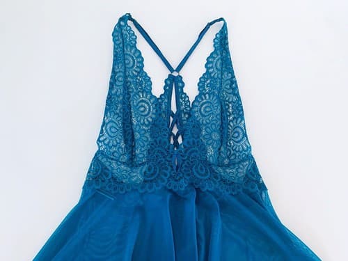 Nighty Lingerie L Babydoll Scalloped Lace Chemise Escante Teal Braided Back NWOT