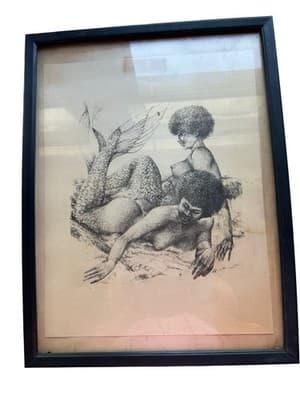 Vintage 1970’s Ink Drawing Framed African American Beauties Risqué Mermaid