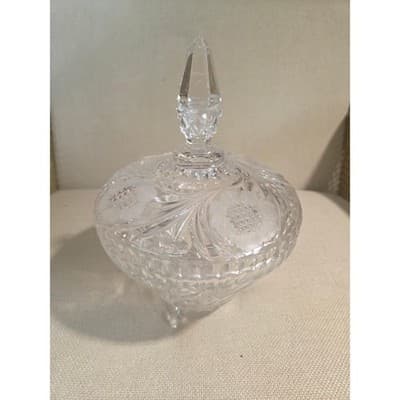 Vintage European Cut Crystal 3 Footed Candy Dish Frosted Rose AS IS Finial Chip