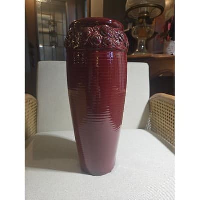 Vintage Hosley Potteries Burgundy Red Ceramic Rose Band Tall Vase 13.5" Ribbed