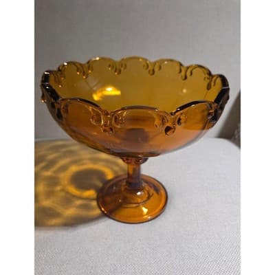 Vtg MCM Indiana Glass Amber Teardrop Pedestal Fruit Compote Bowl Candy Dish 8"