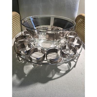 Vintage MCM Queen's Lusterware Silver Checkerboard Punch Bowl Set 12 Cups Caddy